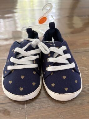 Toddler Navy Canvas Sneakers with Gold Heart Print and White Laces